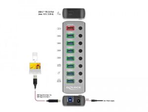 Hub USB Delock, 7 porturi + 1 port de încărcare rapidă + 1 port USB-C™ PD 3.0, Iluminare de fundal, gri