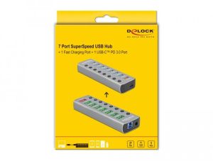 Hub USB Delock, 7 porturi + 1 port de încărcare rapidă + 1 port USB-C™ PD 3.0, Iluminare de fundal, gri