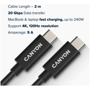 CANYON UC-42, ansamblu cablu USB4 TYPE-C la TYPE-C 20G 2m 5A 240W(ERP) cu E-MARK, CE, ROHS, negru
