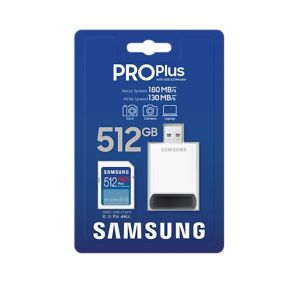 Memorie Samsung 512GB SD PRO Plus + USB Reader, Class10, Citire 180MB/s - Scriere 130MB/s
