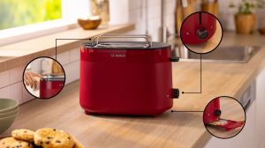 Pâine de pâine Bosch TAT2M124, Pâine de pâine MyMoment Compact, 950 W, Oprire automată, Setare de dezghețare și reîncălzire, Grilă de încălzire integrată, Ridicare mare, Roșu