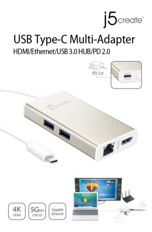 Adaptor USB-C multiport j5Create JCA374, HDMI/Ethernet/hub USB 3.0 /PD 2.0, alb