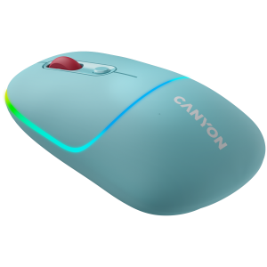 CANYON MW-22, mouse optic wireless 2 în 1 cu 4 butoane, DPI 800/1200/1600, 2 moduri (BT/ 2,4 GHz), baterie Li-poly de 650 mAh, iluminare de fundal RGB, cyan închis, lungime cablu 0,8 m, 110* 62*34,2 mm, 0,085 kg