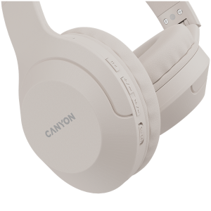 CANYON BTHS-3, casca Bluetooth, cu microfon, BT V5.1 JL6956, baterie 300mAh, mufa de incarcare tip C, material PU, dimensiune:168*190*78mm, cablu incarcare 30cm si cablu audio 100cm, Bej