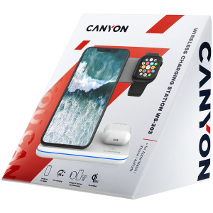 CANYON WS-303, Incarcator wireless 3in1, cu buton tactil pentru lumina de curgere, Intrare 9V/2A, 12V/2A, Iesire 15W/10W/7.5W/5W, lungime cablu tip c la USB-A 1.2m, 137*103 *140 mm, 0,22 kg, alb