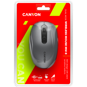 CANYON MW-9, mouse optic wireless 2 în 1 cu 6 butoane, DPI 800/1000/1200/1500, 2 moduri (BT/ 2,4 GHz), baterie AA*1 buc, gri, 65,4*112,25*32,3 mm, 0,092 kg