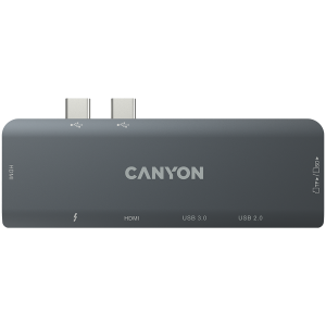 CANYON DS-5, Stație de andocare multiport cu 7 porturi, 1*Tip C PD100W+2*HDMI+1*USB3.0+1*USB2.0+1*SD+1*TF. Intrare 100-240V, ieșire USB-C PD100W&USB-A 5V/1A, aliaj de aluminiu, gri spațial, 104*42*11mm, 0,046 kg (generația B)