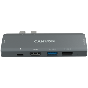 CANYON DS-5, Stație de andocare multiport cu 7 porturi, 1*Tip C PD100W+2*HDMI+1*USB3.0+1*USB2.0+1*SD+1*TF. Intrare 100-240V, ieșire USB-C PD100W&USB-A 5V/1A, aliaj de aluminiu, gri spațial, 104*42*11mm, 0,046 kg (generația B)
