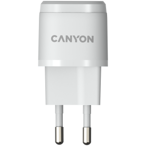 CANYON H-20-05, PD 20W Input: 100V-240V, Output: 1 port charge: USB-C:PD 20W (5V3A/9V2.22A/12V1.66A), Eu plug, Over-Voltage, over-heated, over-current and short circuit protection Compliant with CE RoHs, ERP. Size: 68.5*29.2*29.4mm, 32.5g, White
