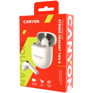 CANYON TWS-6, Căști Bluetooth, cu microfon, BT V5.3 JL 6976D4, Răspuns în frecvență: 20Hz-20kHz, baterie EarBud 30mAh*2+Carcasă de încărcare 400mAh, lungime cablu tip C 0.24m, Dimensiune: 64*48*26mm , 0,040 kg, bej