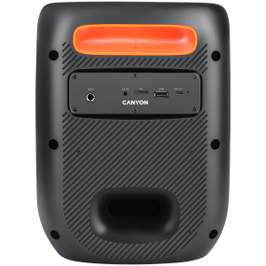 CANYON OnFun 5, difuzor Partybox, Specificații: drivere pentru difuzoare: 6,5 inchi + 1,5 inchi tweeter Putere de ieșire: 40 W Baterie cu litiu: 7,4 V 3600 mAh Funcție: AUX+TF+MIC+BT+USB+DSP+EQ+ehco+. Culoare: corp negru, mâner portocaliu.