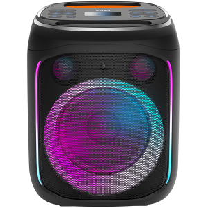 CANYON OnFun 5, difuzor Partybox, Specificații: drivere pentru difuzoare: 6,5 inchi + 1,5 inchi tweeter Putere de ieșire: 40 W Baterie cu litiu: 7,4 V 3600 mAh Funcție: AUX+TF+MIC+BT+USB+DSP+EQ+ehco+. Culoare: corp negru, mâner portocaliu.
