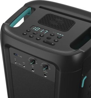 Sistem audio Hisense Party Rocker One Plus (HP110) Difuzor Bluetooth cu putere de 300 W, Woofer încorporat, Mod Karaoke, Pad de încărcare fără fir încorporat, Intrare și ieșire AUX, USB, Baterie de 15 ore 4 x 2500 Ah, 2 microfoane inclus