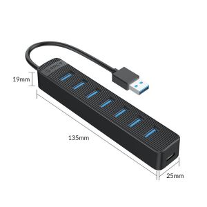 Orico hub USB3.0 HUB 7 porturi - intrare tip C, cablu 0,15 m, intrare alimentare aux tip C - TWU3-7A-BK