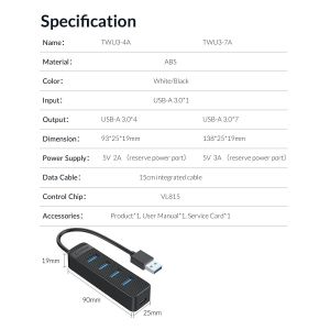 Orico USB3.0 HUB 7 port - Type C input, 0.15m cable, aux Type-C power input - TWU3-7A-BK