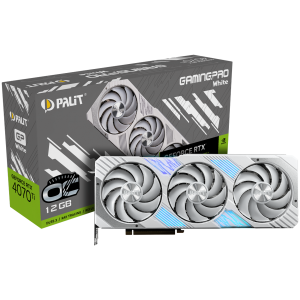 Palit GeForce RTX 4070Ti GamingPro White OC 16GB GDDR6X, 192 biți, 2310 Mhz/2670 Mhz, 1x HDMI 2.1a, 3x DP 1.4a, 3 ventilatoare, 1x conector pwr cu 16 pini, recomandat pwr 1949070TV1