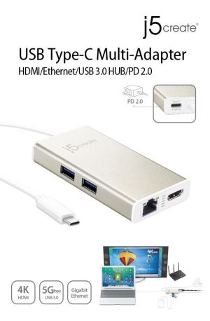 Adaptor USB-C multiport j5Create JCA374, HDMI, Ethernet, hub USB 3.0, PD 2.0