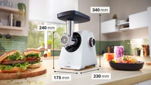 Meat mincer Bosch MFWS420W, Meat mincer - MultiPower 1900 W, Planetary gearbox, 2.5 kg/min, kebbe attachment, sausage attachment, reverse function, White