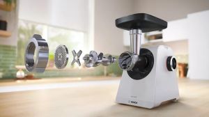 Meat mincer Bosch MFWS420W, Meat mincer - MultiPower 1900 W, Planetary gearbox, 2.5 kg/min, kebbe attachment, sausage attachment, reverse function, White