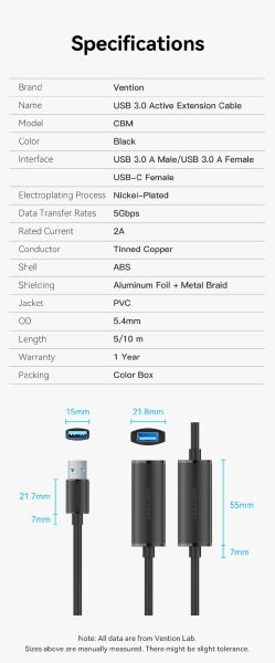 Extensie cablu Vention Cablu prelungitor activ USB 3.0 AM / AF 5M Negru - CBMBJ