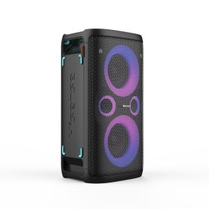 Sistem audio Hisense Party Rocker One Plus (HP110) Difuzor Bluetooth cu putere de 300 W, Woofer încorporat, Mod Karaoke, Pad de încărcare fără fir încorporat, Intrare și ieșire AUX, USB, Baterie de 15 ore 4 x 2500 Ah, 2 microfoane inclus