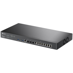 Router VPN TP-Link ER8411 Omada cu porturi 10G, 1× Port WAN 10G SFP+, 1× Port WAN/LAN SFP+ 10G, 1× Port WAN/LAN Gigabit SFP, 8× Porturi WAN/LAN Gigabit RJ45, 2× USB3.0 port, integrare cu controlerul Omada SDN, sursă de alimentare duală, echilibru de încăr