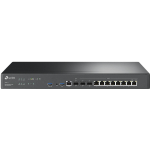 Router VPN TP-Link ER8411 Omada cu porturi 10G, 1× Port WAN 10G SFP+, 1× Port WAN/LAN SFP+ 10G, 1× Port WAN/LAN Gigabit SFP, 8× Porturi WAN/LAN Gigabit RJ45, 2× USB3.0 port, integrare cu controlerul Omada SDN, sursă de alimentare duală, echilibru de încăr