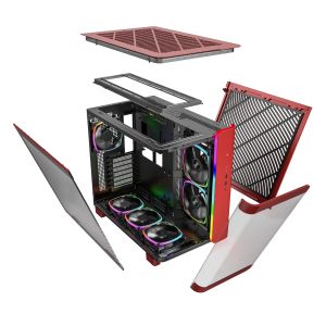 Montech KING 95 Pro, Dual Chamber Mid-tower Case, 6 ARGB Fans, 2 Front Panels, Red