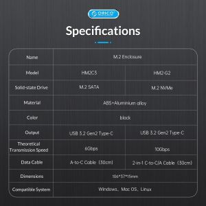 Cutie externă Orico pentru stocare pe disc - Carcasă - cheie M.2 NVMe M - USB3.1 Gen2 Type-C, 10Gbps - HM2-G2-BK