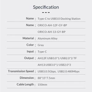 Orico хъб USB3.0/2.0 HUB 4 port - Type-C input - AH-13-GY