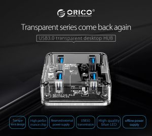 Orico USB3.0 HUB 4 port transparent, 1m cable - MH4U-U3-10-CR