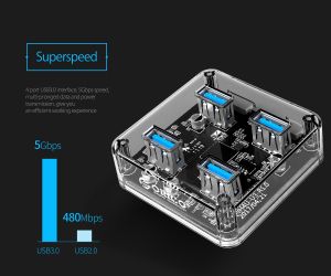 Orico USB3.0 HUB 4 port transparent, 1m cable - MH4U-U3-10-CR