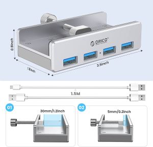 Orico USB 3.0 HUB Clip Type 4 port - aux Micro-USB power input, Aluminum - MH4PU-P-SV