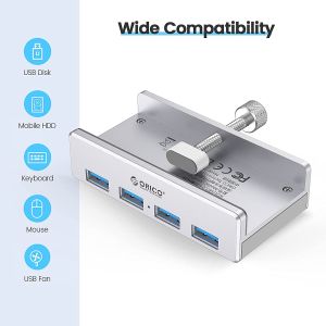 Orico USB 3.0 HUB Clip Type 4 port - aux Micro-USB power input, Aluminum - MH4PU-P-SV