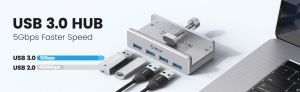 Orico USB 3.0 HUB Clip Type 4 port - aux Micro-USB power input, Aluminum - MH4PU-P-SV