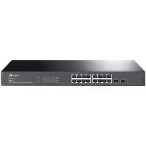 TP-Link SG2218 Omada 16-Port Gigabit Smart Switch with 2 SFP Slots, 16×G RJ45 ports and 2×G SFP slots, Fanless, Zero-Touch Provisioning, 802.1Q VLAN, STP/RSTP/MSTP, Omada App, Static Routing, Rack Mountable, 802.1p/DSCP QoS, ACL, 802.1x, CLI, SNMP