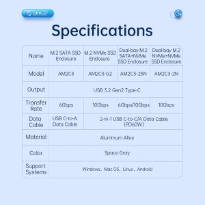 Orico Storage - Case - M.2 NVMe Dual-Bay - USB-C 10Gbps, Aluminium - AM2C3-2N-GY