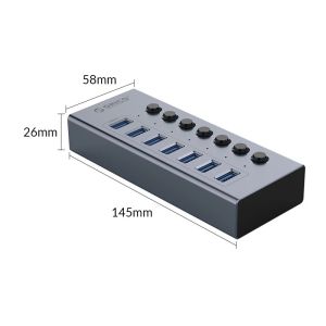 Orico хъб USB3.0 HUB 7 port with Power Adapter, On/Off buttons, Aluminium - BT2U3-7AB-EU-GY