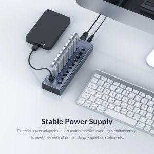 Orico USB3.0 HUB 7 port with Power Adapter, On/Off buttons, Aluminium - BT2U3-7AB-EU-GY