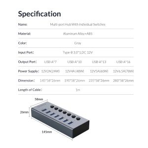 Orico USB3.0 HUB 7 port with Power Adapter, On/Off buttons, Aluminium - BT2U3-7AB-EU-GY