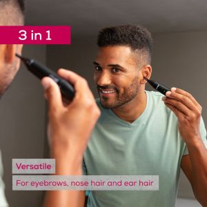 Trimmer de precizie Beurer MN2X, Incl. 3 accesorii pentru tunderea și modelarea sprâncenelor, a firelor de păr din nas și urechi, Accesorii din oțel inoxidabil de înaltă calitate, (IPX4), Alimentat cu baterie, Incl. capac de protecție, perie de curățare ș