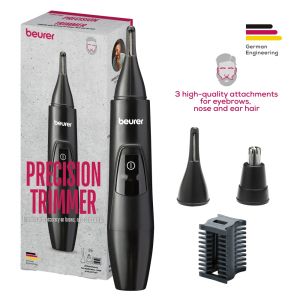 Trimmer de precizie Beurer MN2X, Incl. 3 accesorii pentru tunderea și modelarea sprâncenelor, a firelor de păr din nas și urechi, Accesorii din oțel inoxidabil de înaltă calitate, (IPX4), Alimentat cu baterie, Incl. capac de protecție, perie de curățare ș