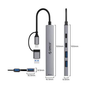 Orico HUB USB-C 5 port - USB3.0 x 1, USB2.0 x 2, USB-C x 2, Aluminium - YSA4-U2-GY