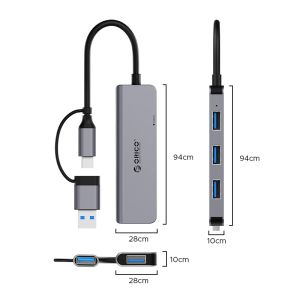 Orico HUB USB-C/USB-A 4 port - USB3.0 x 1, USB2.0 x 3, Aluminium - YSA5-U3-GY