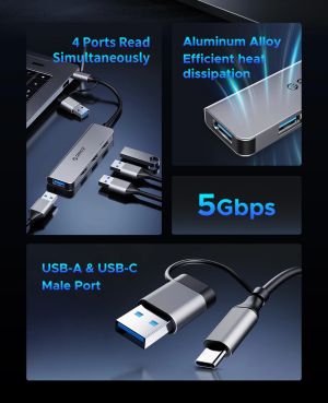 Orico HUB USB-C/USB-A 4 port - USB3.0 x 1, USB2.0 x 3, Aluminium - YSA5-U3-GY