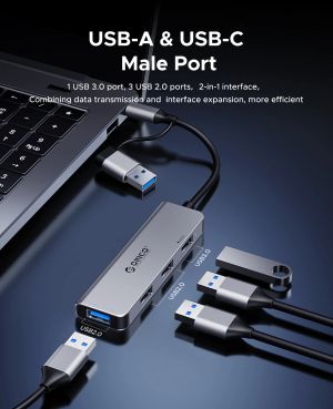 Orico HUB USB-C/USB-A 4 port - USB3.0 x 1, USB2.0 x 3, Aluminium - YSA5-U3-GY