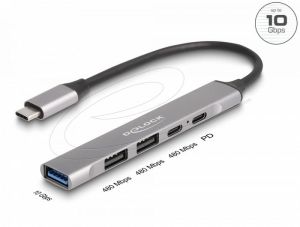 Delock Хъб USB-C, 4 порта, 1 x USB-A 10 Gbps, 2 x USB-A, 1 x USB-C, USB-C PD 95 W