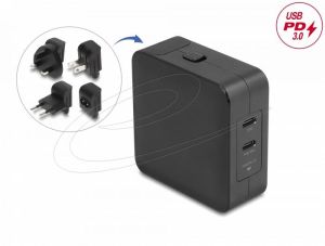 Delock Зарядно устройство GaN, 2 x USB-C, PD 65 W, адаптер за EU / US / UK