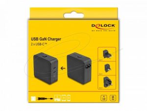 Delock Зарядно устройство GaN, 2 x USB-C, PD 65 W, адаптер за EU / US / UK